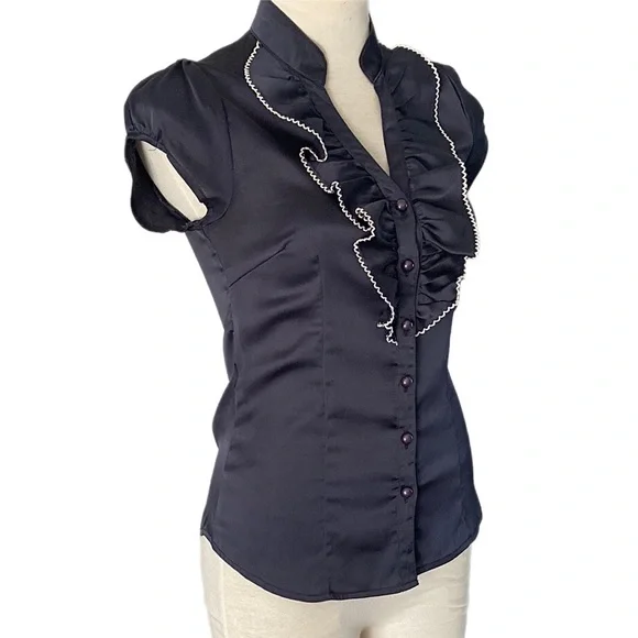 TEMT dark navy satiny puff short sleeve Blouse Ruffle front - Picture 1 of 8